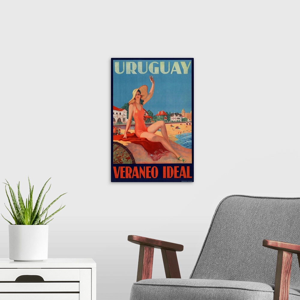 A modern room featuring Uruguay, Veraneo Ideal. (Uruguay-Ideal Summer Holiday). 1930s travel poster shows a bathing beaut...