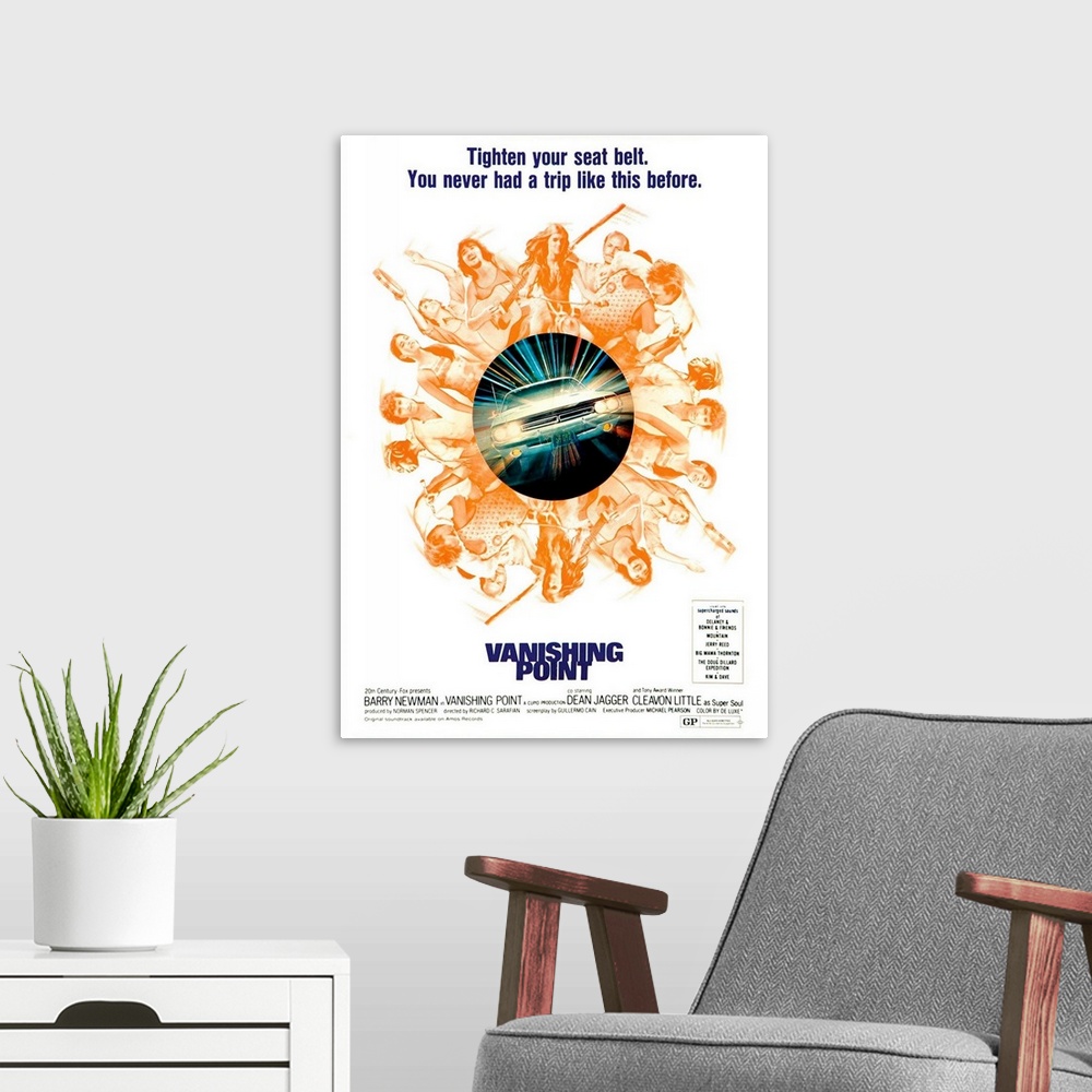 A modern room featuring Vanishing Point - Vintage Movie Poster