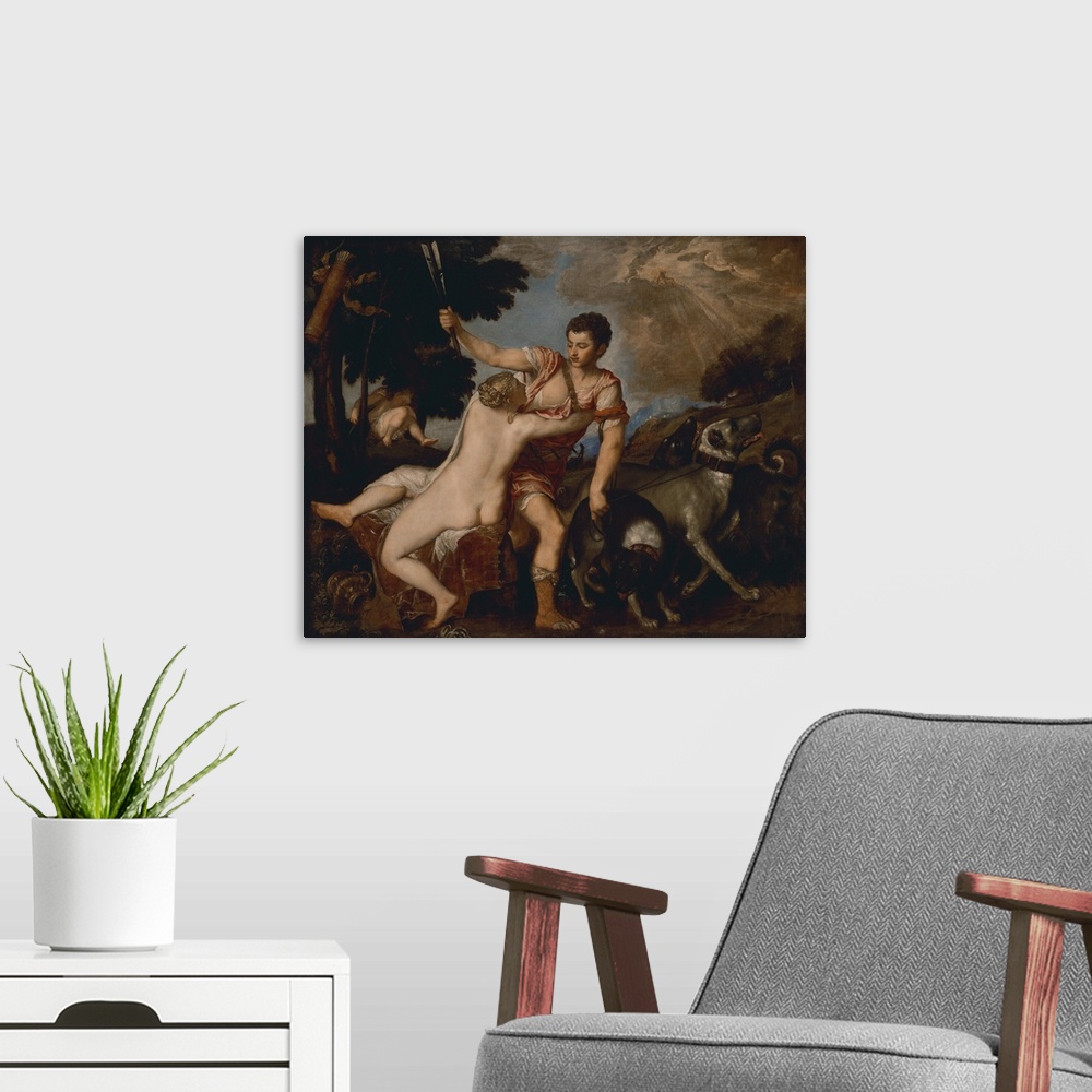 A modern room featuring Venus and Adonis, by Titian, c. 1555, Italian Renaissance painting, oil on canvas. The goddess Ve...