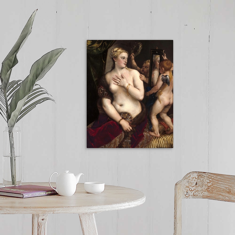 A farmhouse room featuring Venus with a Mirror, by Titian, c. 1555, Italian Renaissance painting, oil on canvas. The paintin...
