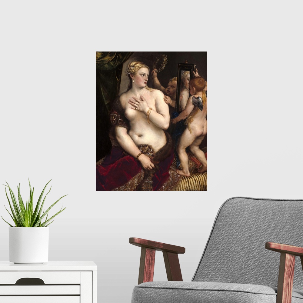 A modern room featuring Venus with a Mirror, by Titian, c. 1555, Italian Renaissance painting, oil on canvas. The paintin...