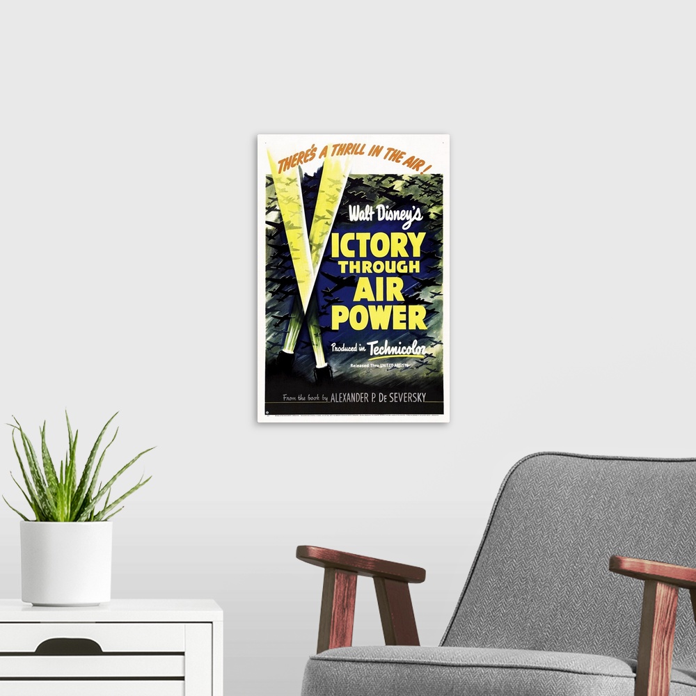 A modern room featuring Victory Through Air Power - Vintage Movie Poster