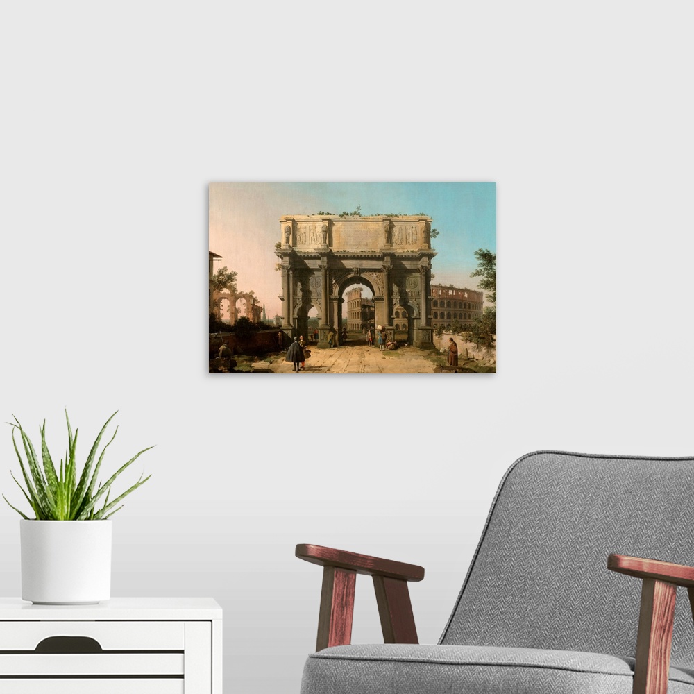 A modern room featuring View of the Arch of Constantine with the Colosseum, Italian, by Canaletto, 1742-45, Italian paint...