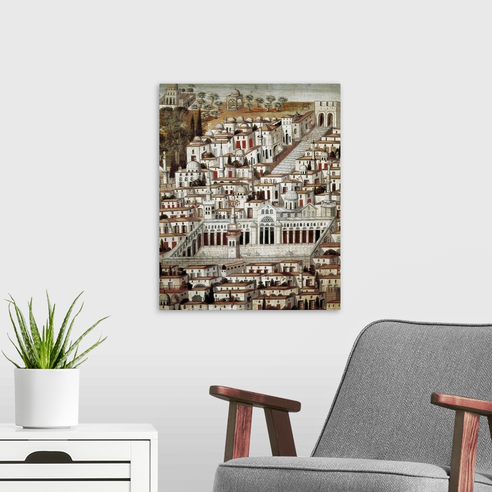A modern room featuring View of the City of Damascus, Syrian art