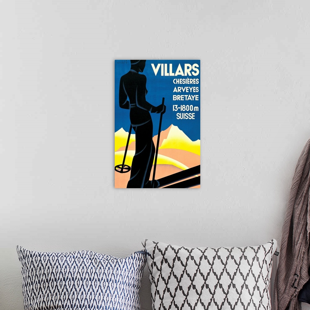 A bohemian room featuring private collection. Advertising poster mountain female skier yellow blue black Villars Switzerlan...