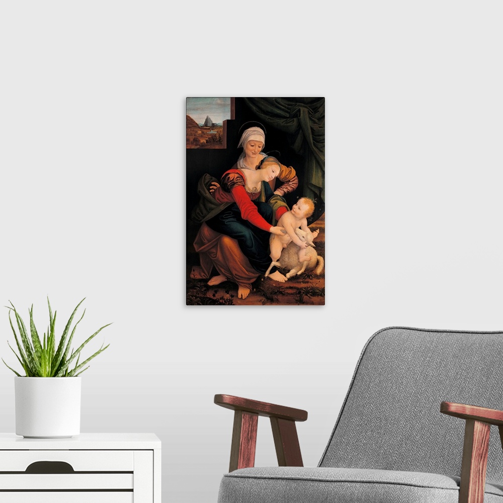 A modern room featuring The Virgin and Child with St Anne and the Lamb, by attributed to Bernardino Lanino, 1543 about, 1...