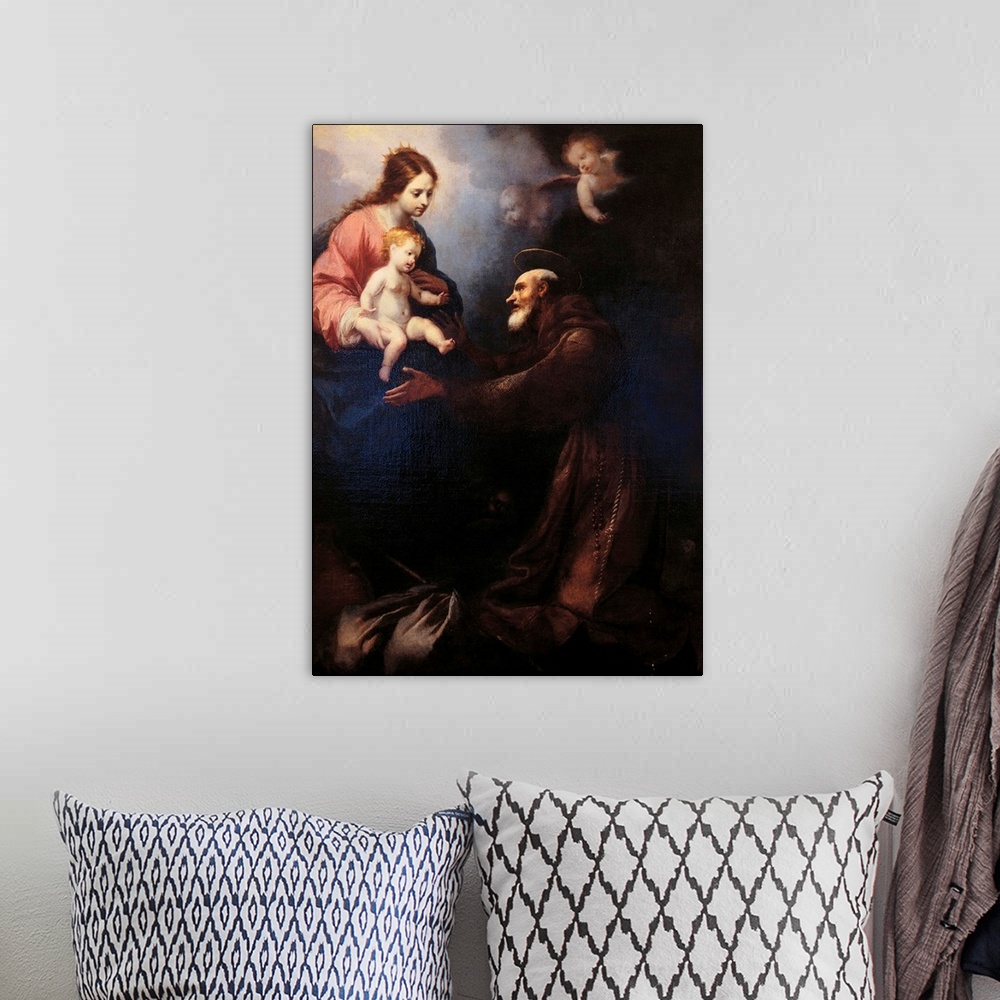 A bohemian room featuring The Virgin Mary Gives St Felice da Cantalice the Infant Jesus, by Simone Pignoni, 17th Century, -...