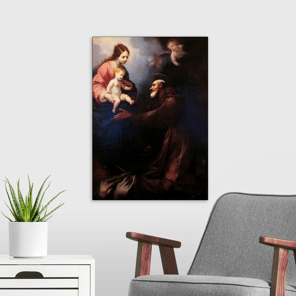 A modern room featuring The Virgin Mary Gives St Felice da Cantalice the Infant Jesus, by Simone Pignoni, 17th Century, -...