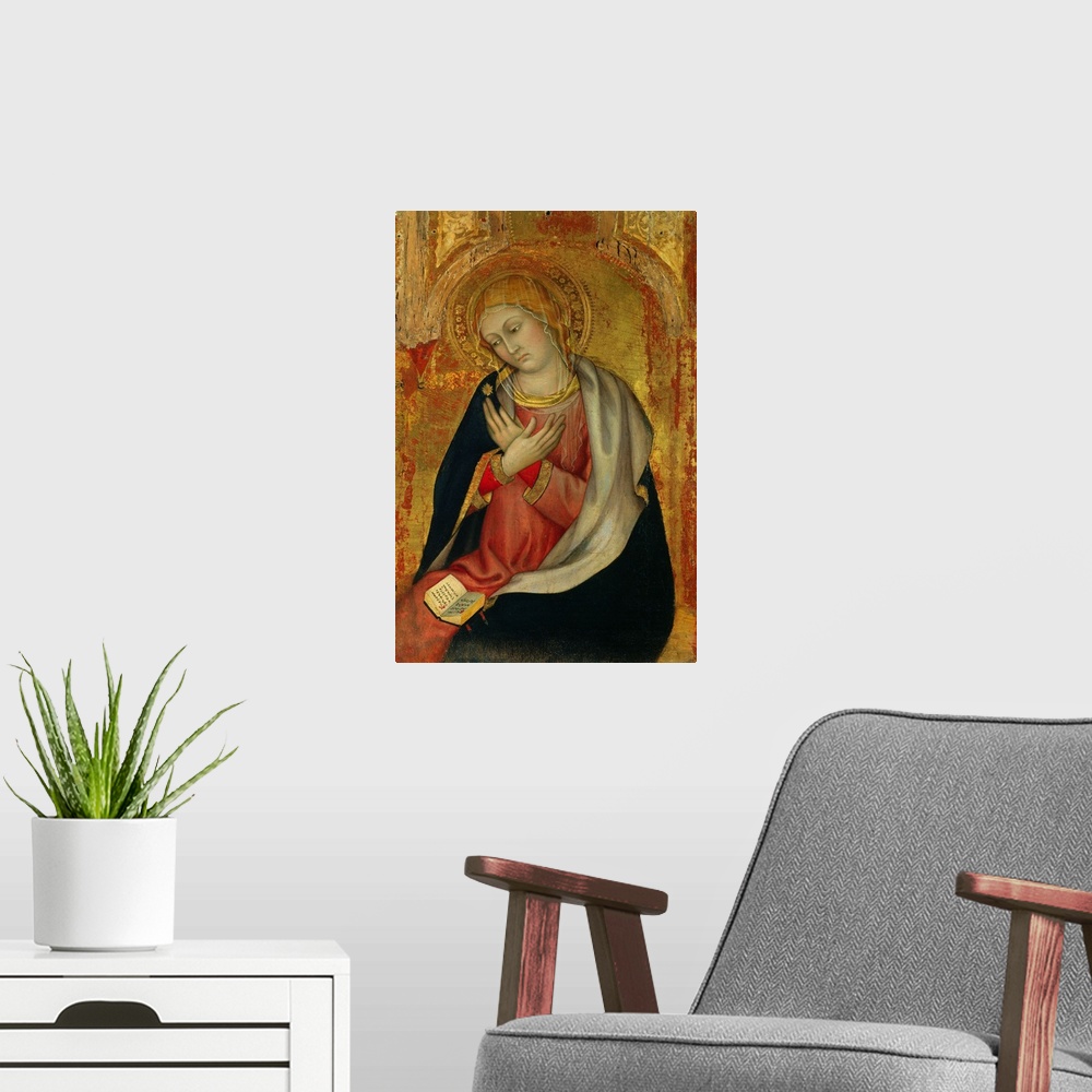 A modern room featuring Taddeo Di Bartolo, Italian School. Virgin of the Annunciation. 1400-1405. Oil on wood, 0.77 x 0.5...