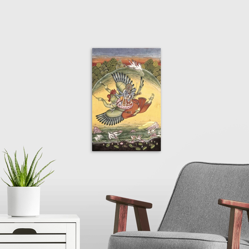 A modern room featuring Vishnu and the woman on his bird. Hindu art. Painting. UNITED KINGDOM. London. Victoria and Alber...