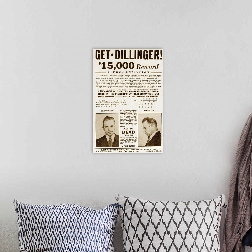 A bohemian room featuring Wanted poster for John Dillinger