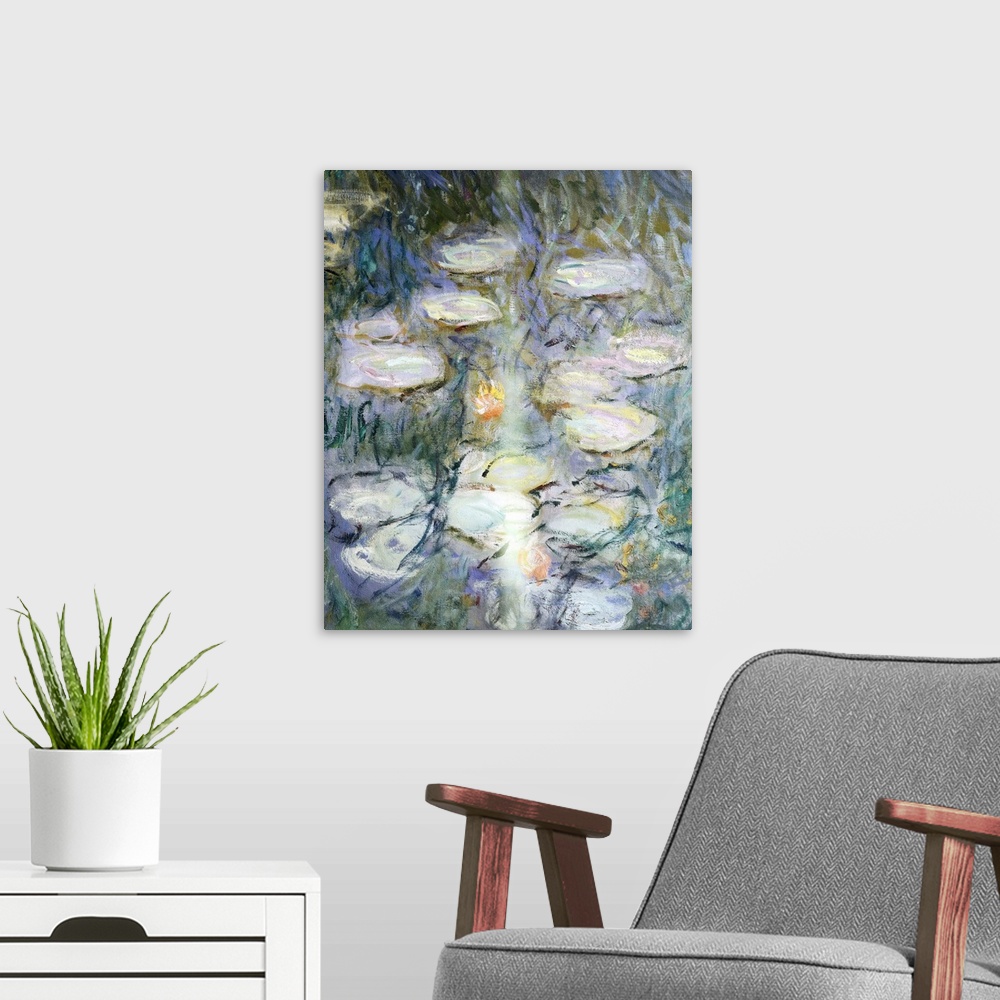 A modern room featuring MONET, Claude (1840-1926). Waterlilies: Morning. 1916 - 1926. Detail. Impressionism. Oil on canva...