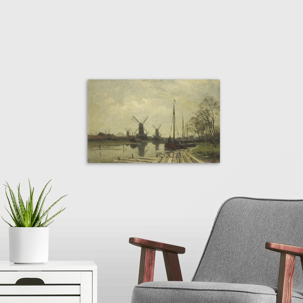 A modern room featuring Waterway near the Baarsjes, Amsterdam, by Jan Hillebrand Wijsmullerm, 1880-1901, Dutch painting, ...
