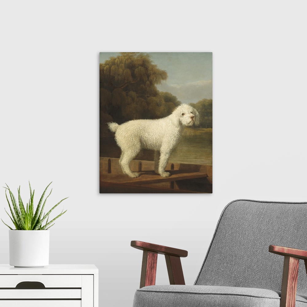 A modern room featuring White Poodle in a Punt, by George Stubbs, 1780, British painting, oil on canvas. Self-taught pain...