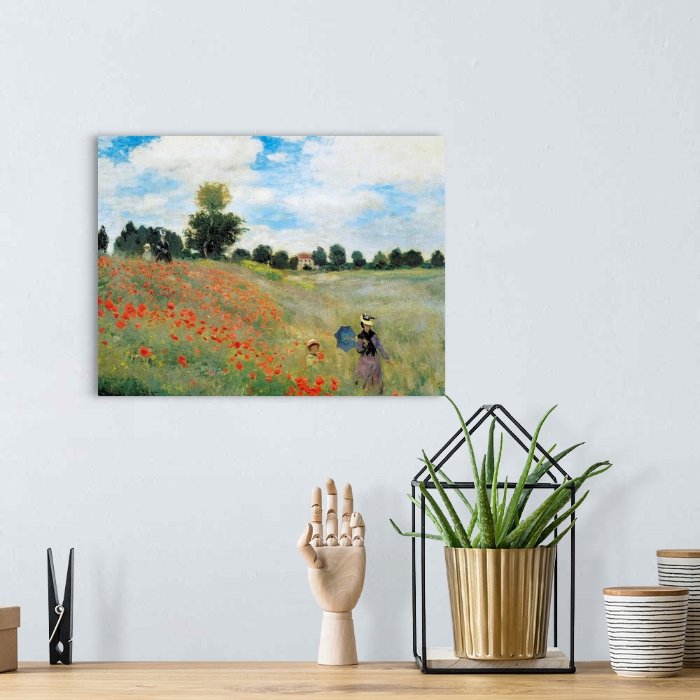 A bohemian room featuring Impressionist painting by Claude Monet of a woman and child in a field of flowers.