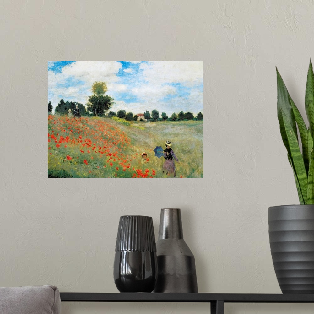 A modern room featuring Impressionist painting by Claude Monet of a woman and child in a field of flowers.