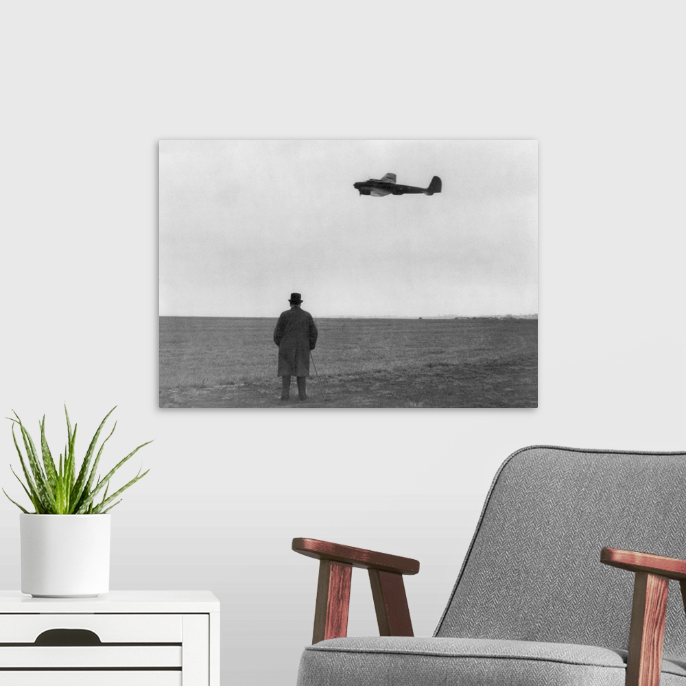 A modern room featuring Winston Churchill, Photographed From Behind, Watching B-17 'Flying Fortress' In Flight
