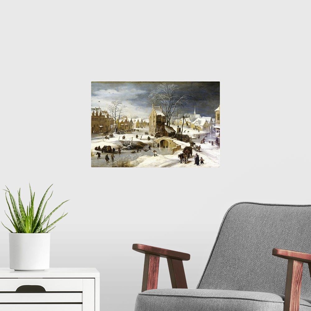 A modern room featuring Breugel, Pieter, II, The Younger, called Hell Bruegel (1564-1638). Winter Scene with Ice Skaters ...