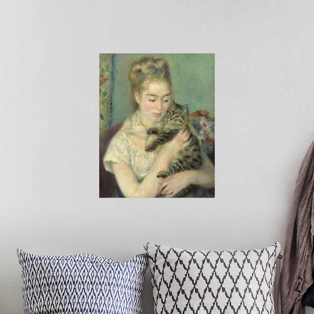 A bohemian room featuring Woman with a Cat, by Auguste Renoir, 1875, French painting, oil on canvas. This is a classic Reno...