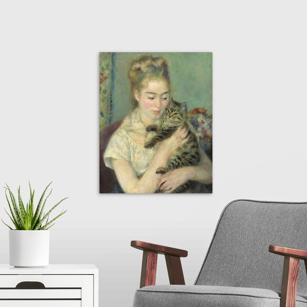 A modern room featuring Woman with a Cat, by Auguste Renoir, 1875, French painting, oil on canvas. This is a classic Reno...