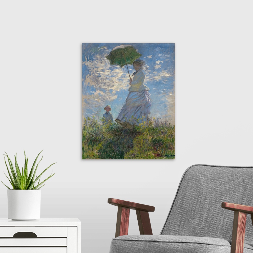 A modern room featuring Woman with a Parasol-Madame Monet and Her Son, by Claude Monet, 1875, French impressionist painti...