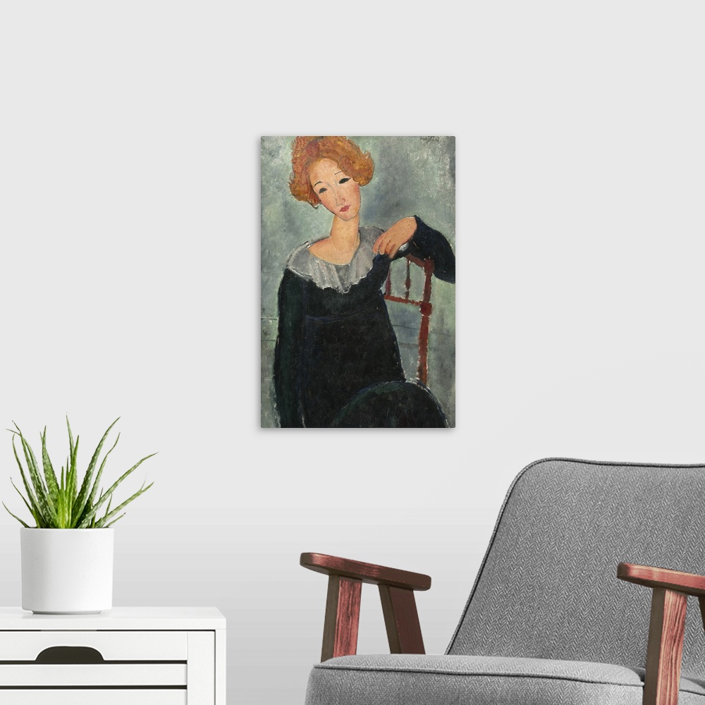 A modern room featuring Woman with Red Hair, by Amedeo Modigliani, 1917, Italian painting, oil on canvas. This is one of ...