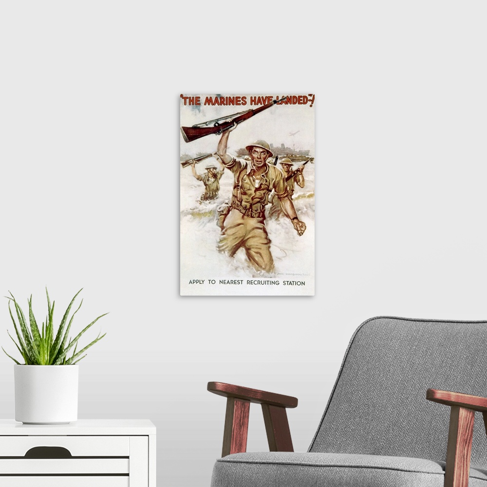 A modern room featuring World War II, Marines recruiting poster by James Montgomery Flagg, 1942.