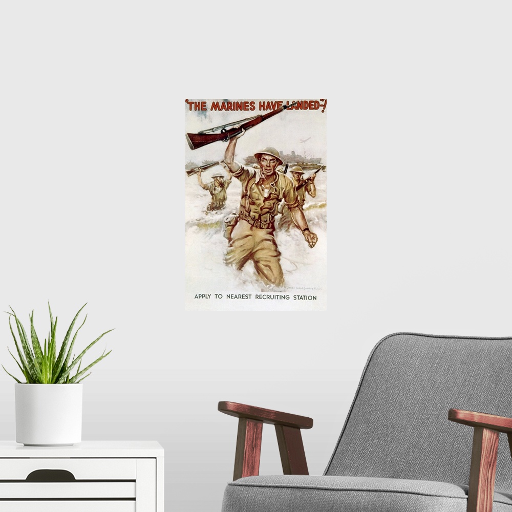 A modern room featuring World War II, Marines recruiting poster by James Montgomery Flagg, 1942.