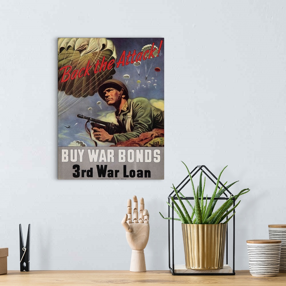 A bohemian room featuring World War II War Bonds poster, 1943