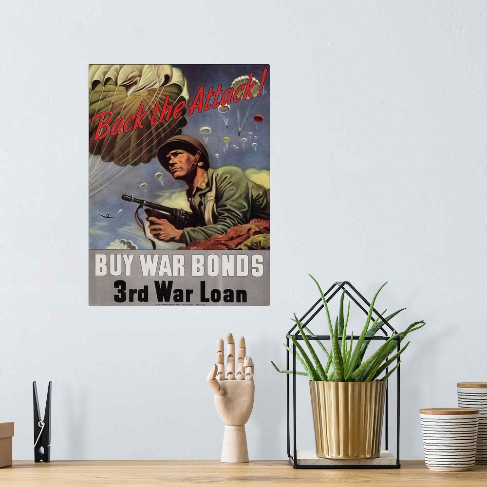 A bohemian room featuring World War II War Bonds poster, 1943