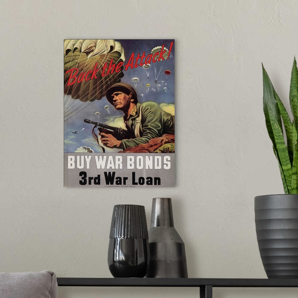 A modern room featuring World War II War Bonds poster, 1943