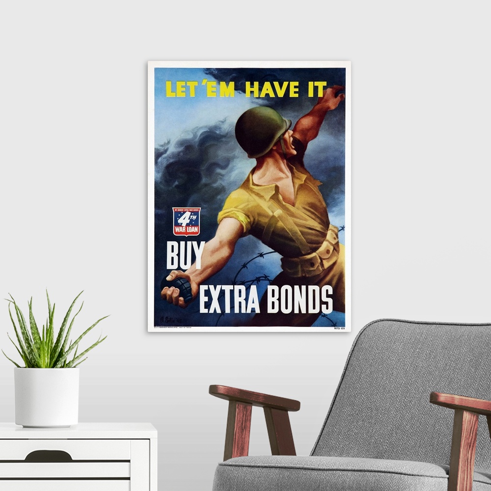 A modern room featuring World War II War Bonds poster art, 1943