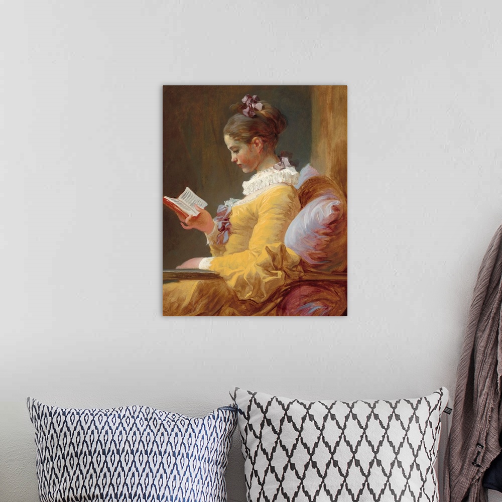 A bohemian room featuring Young Girl Reading, by Jean-Honore Fragonard, c. 1770, French painting, oil on canvas. The girl's...
