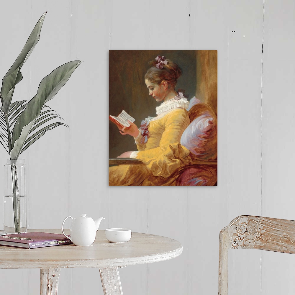 A farmhouse room featuring Young Girl Reading, by Jean-Honore Fragonard, c. 1770, French painting, oil on canvas. The girl's...