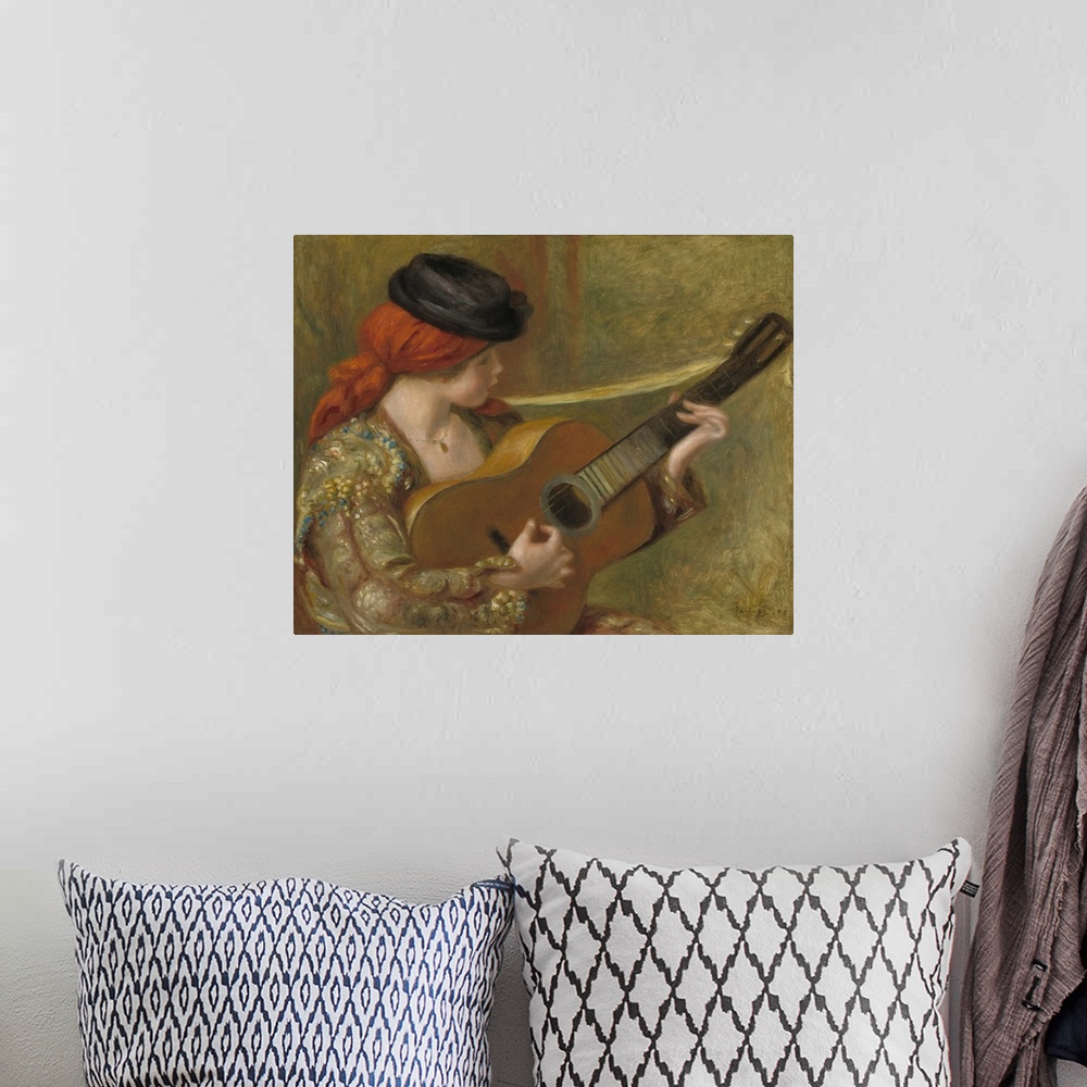 A bohemian room featuring Young Spanish Woman with a Guitar, by Auguste Renoir, 1898, French impressionist painting, oil on...