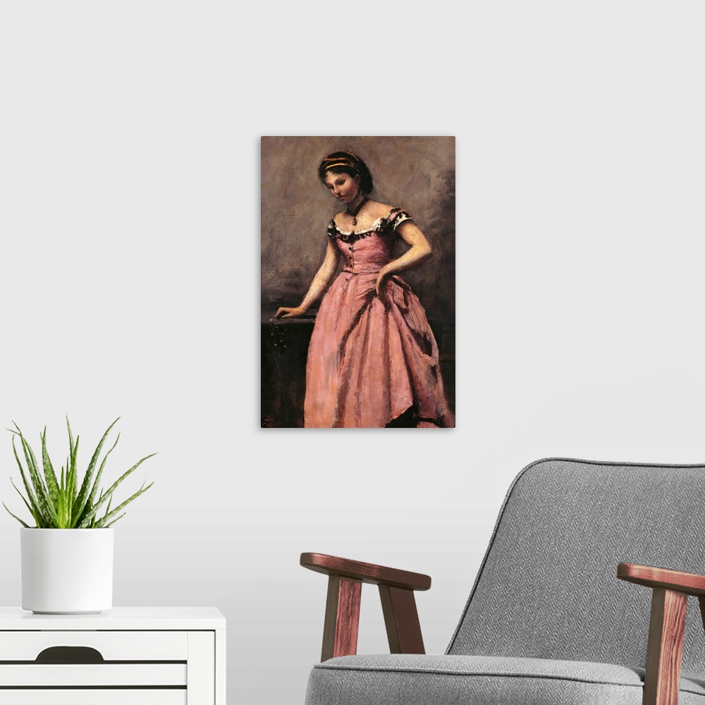 A modern room featuring Young Woman in a Pink Dress, by Jean-Baptiste-Camille Corot, 19th Century, oil on canvas, cm 46 x...