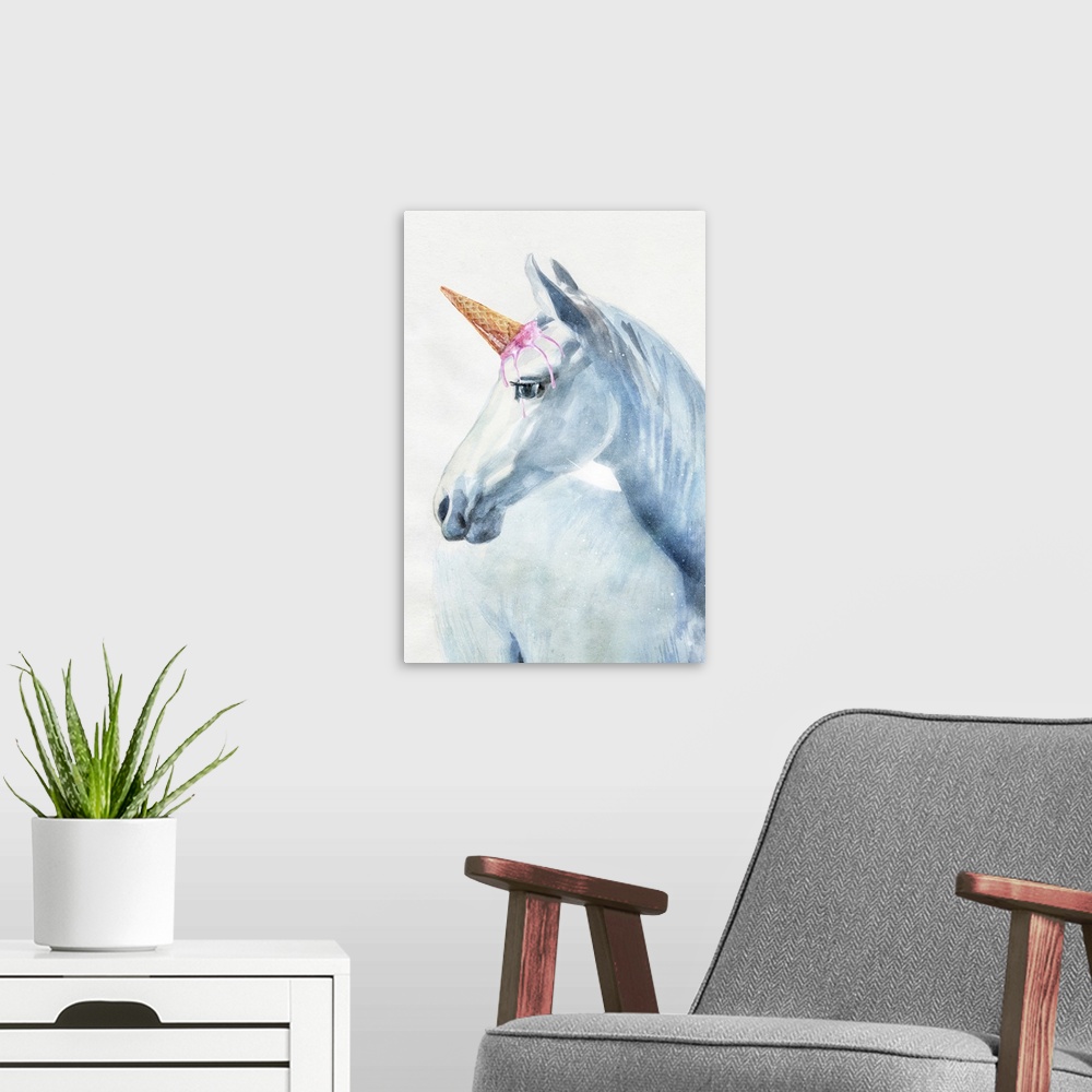 A modern room featuring Blue watercolor painting of horse with emphasized head on white