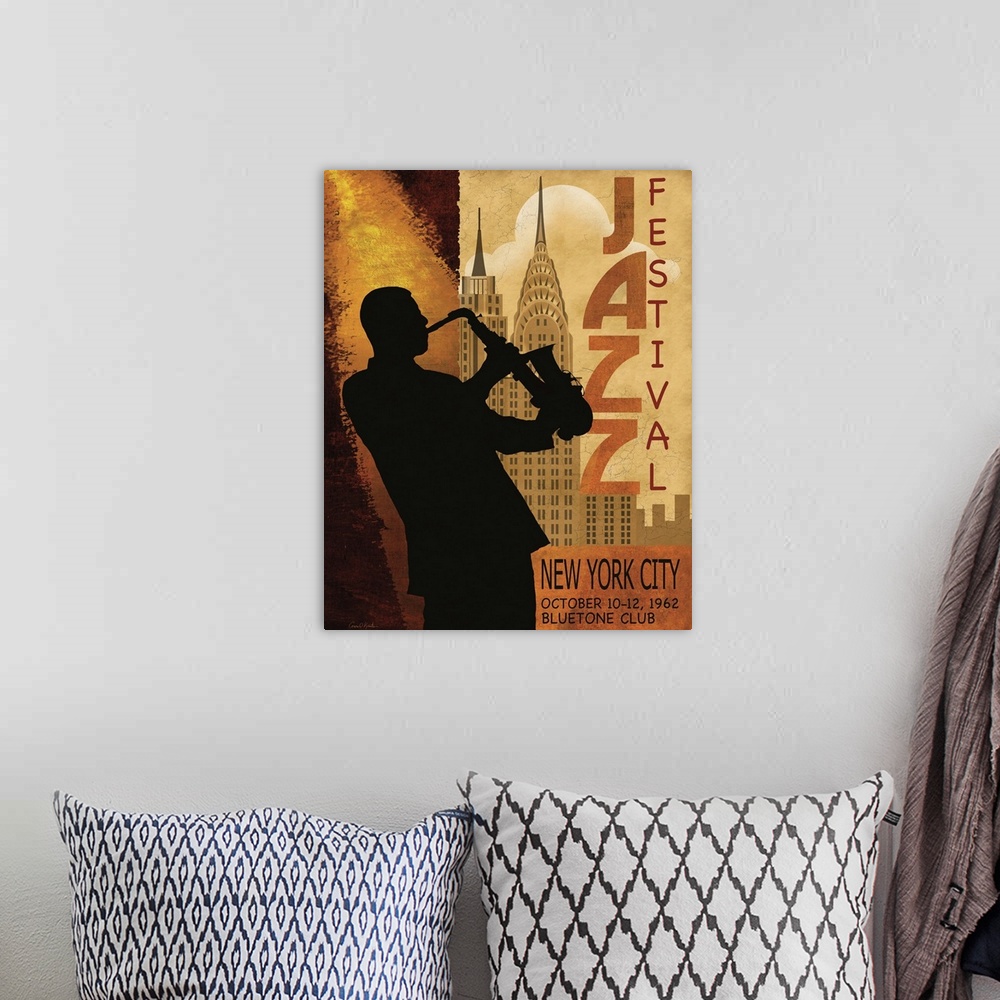 A bohemian room featuring Contemporary artwork of a music poster centered around a jazz music theme.