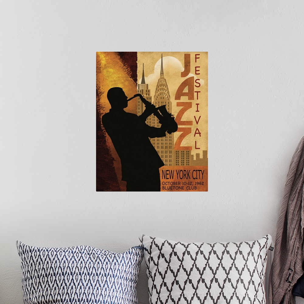 A bohemian room featuring Contemporary artwork of a music poster centered around a jazz music theme.
