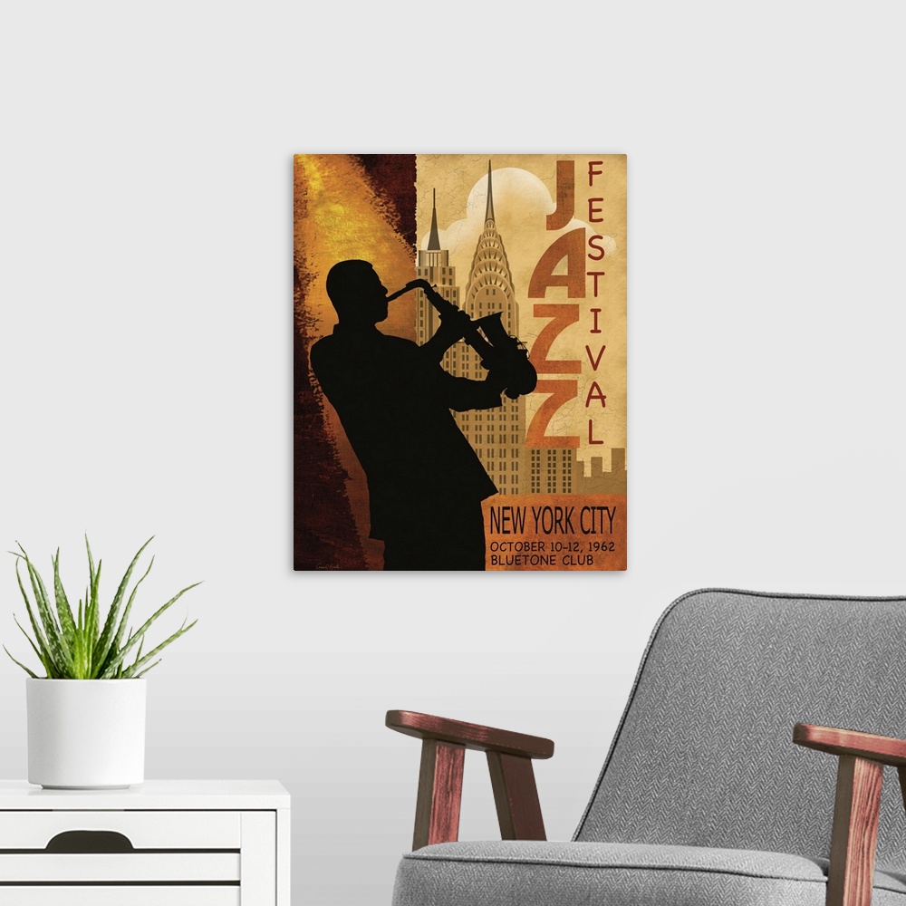 A modern room featuring Contemporary artwork of a music poster centered around a jazz music theme.
