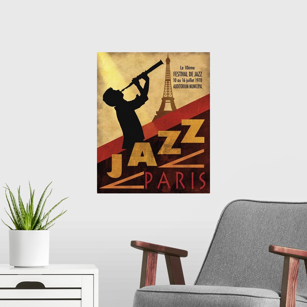 A modern room featuring Contemporary artwork of a music poster centered around a jazz music theme.