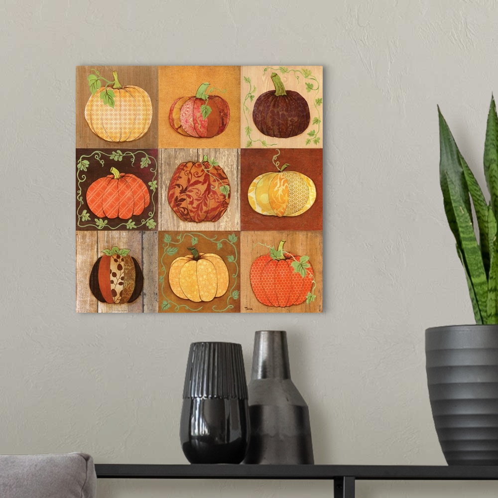 A modern room featuring A decorative Fall painting of 9 beautifully designed pumpkins on a wooden background.