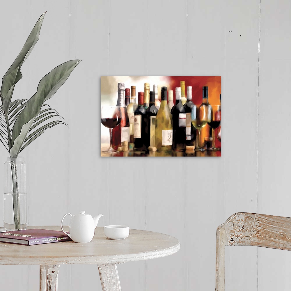 A farmhouse room featuring Contemporary still life painting of wine bottles and glasses of wine on a table.