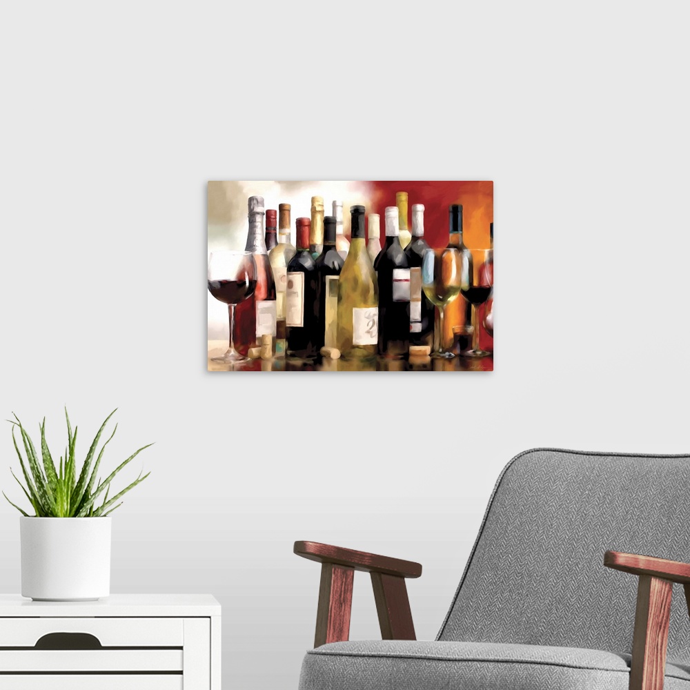 A modern room featuring Contemporary still life painting of wine bottles and glasses of wine on a table.