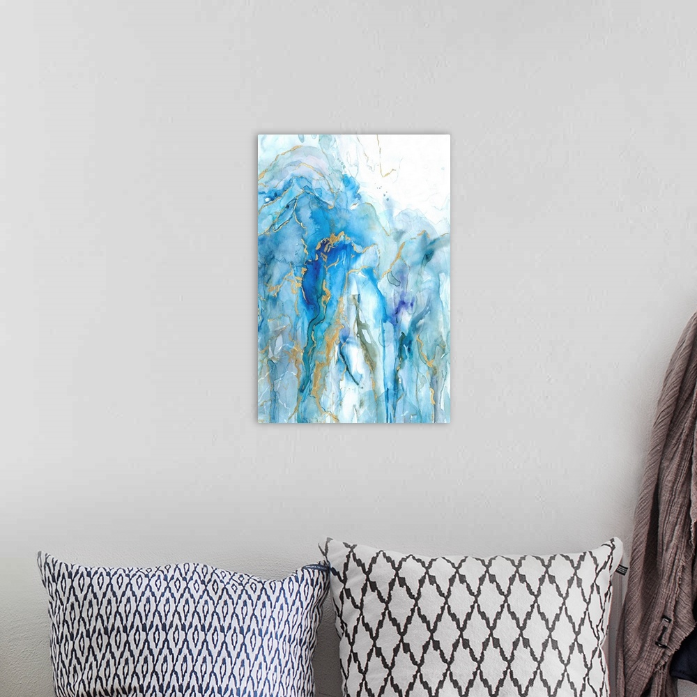 A bohemian room featuring Large abstract painting with dripping watercolors in shades of blue and green with metallic gold ...