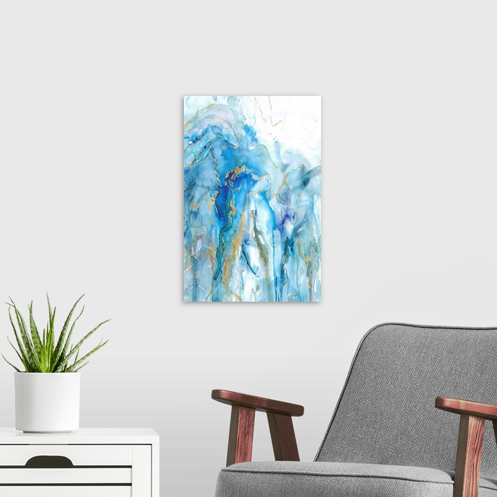 A modern room featuring Large abstract painting with dripping watercolors in shades of blue and green with metallic gold ...