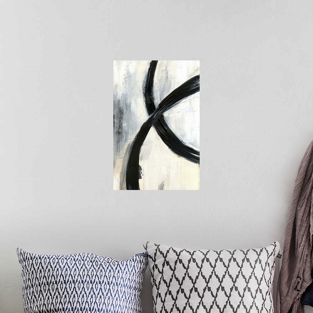 A bohemian room featuring Contemporary abstract artwork with broad black brush strokes across the center against a neutral ...