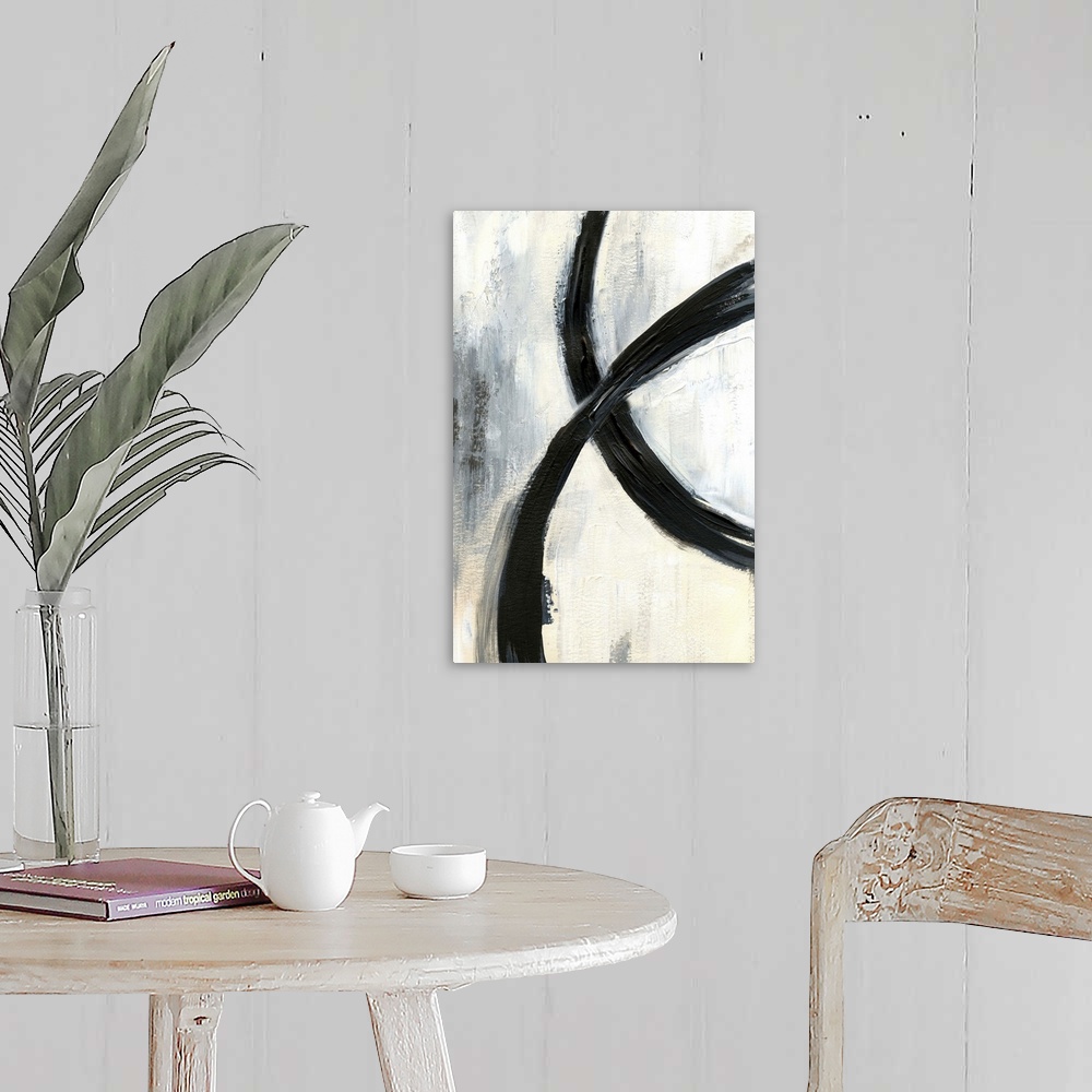 A farmhouse room featuring Contemporary abstract artwork with broad black brush strokes across the center against a neutral ...