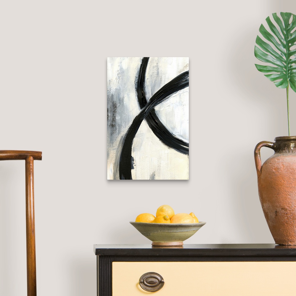 A traditional room featuring Contemporary abstract artwork with broad black brush strokes across the center against a neutral ...