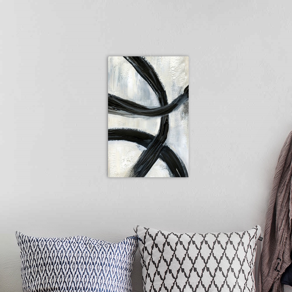 A bohemian room featuring Contemporary abstract artwork with broad black brush strokes across the center against a neutral ...